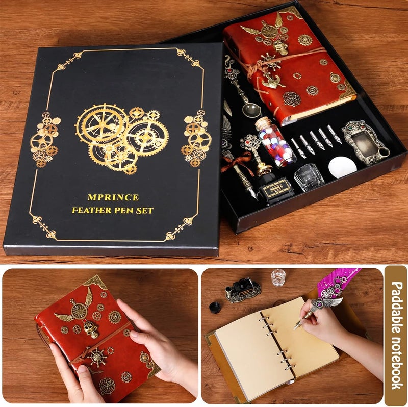 Aifeiter Quill Pen Ink Set Leather notebook With Quill Pen,Notebook,5 Replaceable Nibs,Seal Stamp,Spoon,Wax Beads,White Wax,Ink,Pen Holder,Cup,Envelope,Letter Paper,Envelope Tool(blue) - Image 2